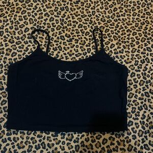 SHEIN Black Rhinestone Heart Angel Crop Top